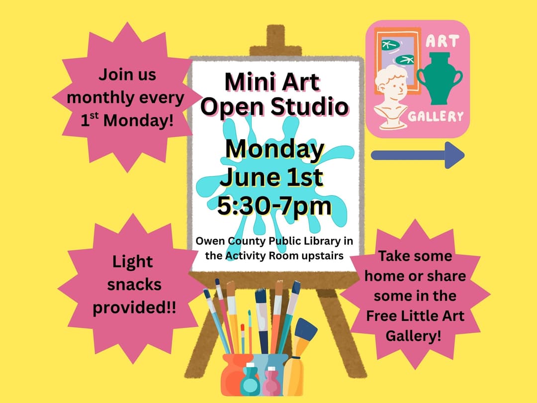 A flyer with an easel and paint brushes. Mini Art open studio First Mondays every month