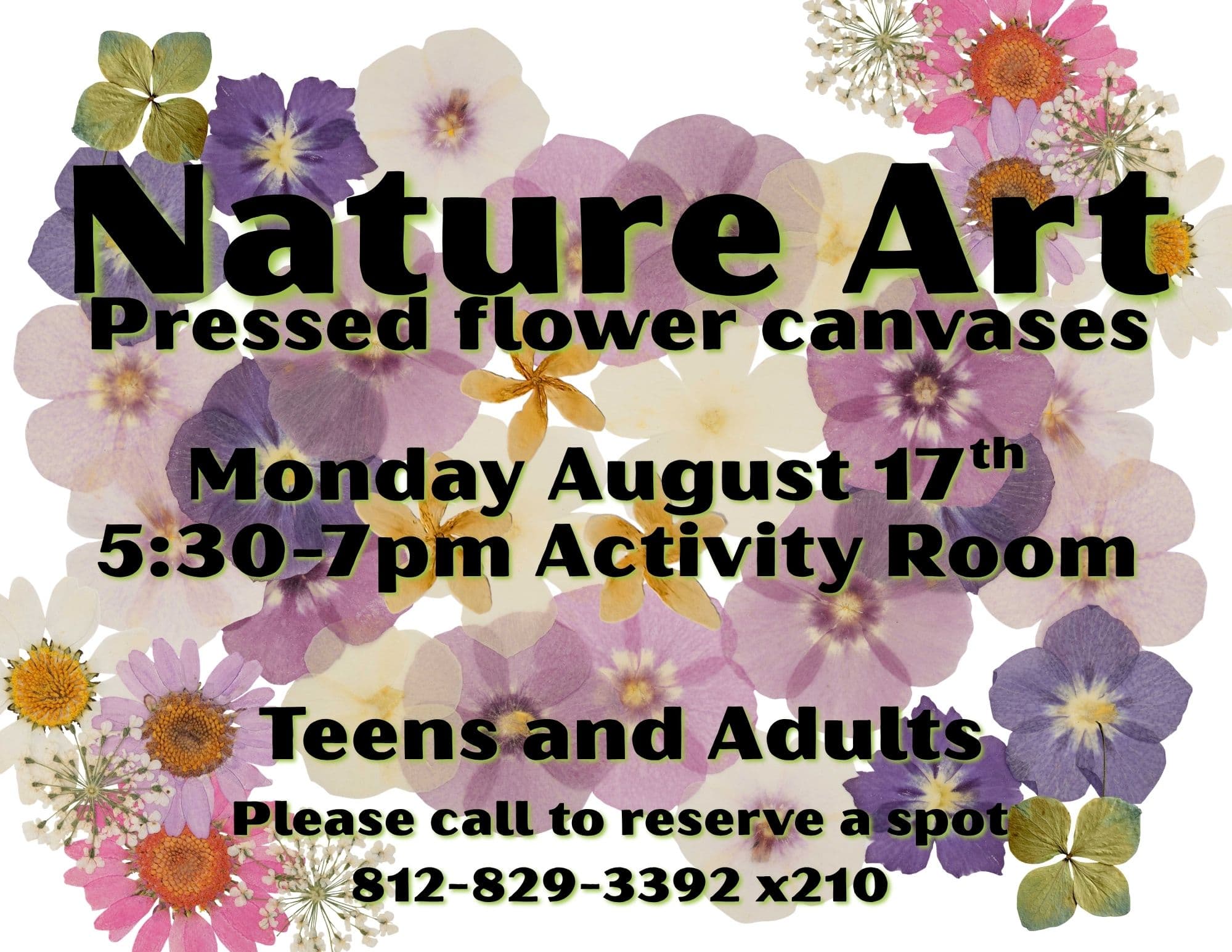 flyer for the nature art program showing colorful pressed flowers