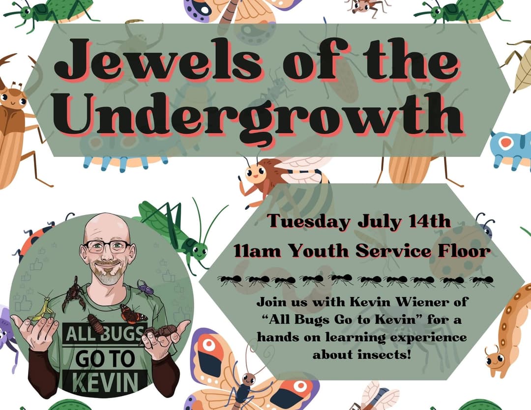 Flyer with a cartoon picture of Kevin Wiener holding some bugs. 