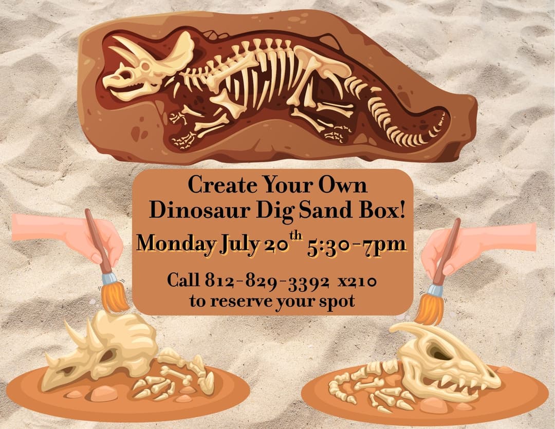 flyer with dinosaur bones and tools to dig them from the soil