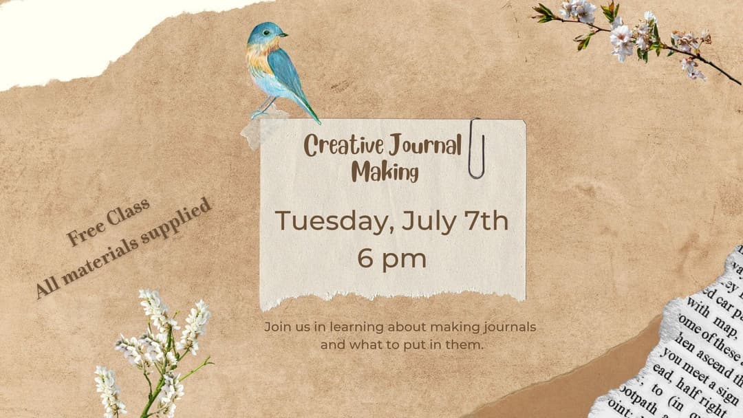 Flyer with a brown paper background with some flower and bird designs