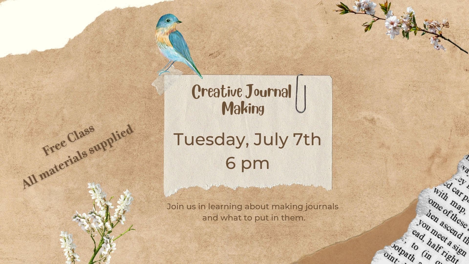 Flyer with a brown paper background with some flower and bird designs