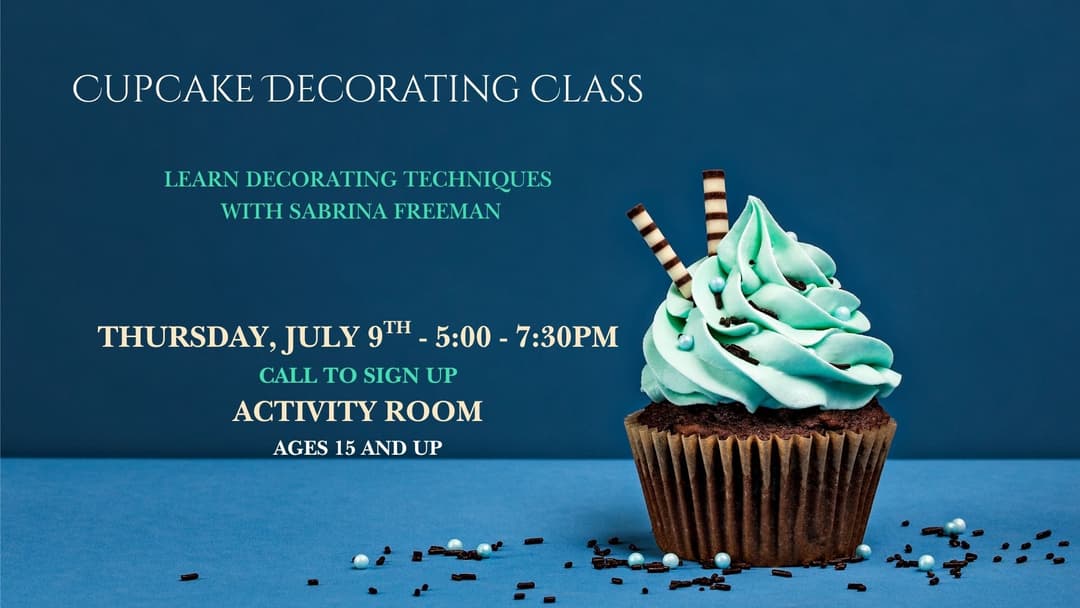 flyer with a blue background and a decorated cupcake. 
