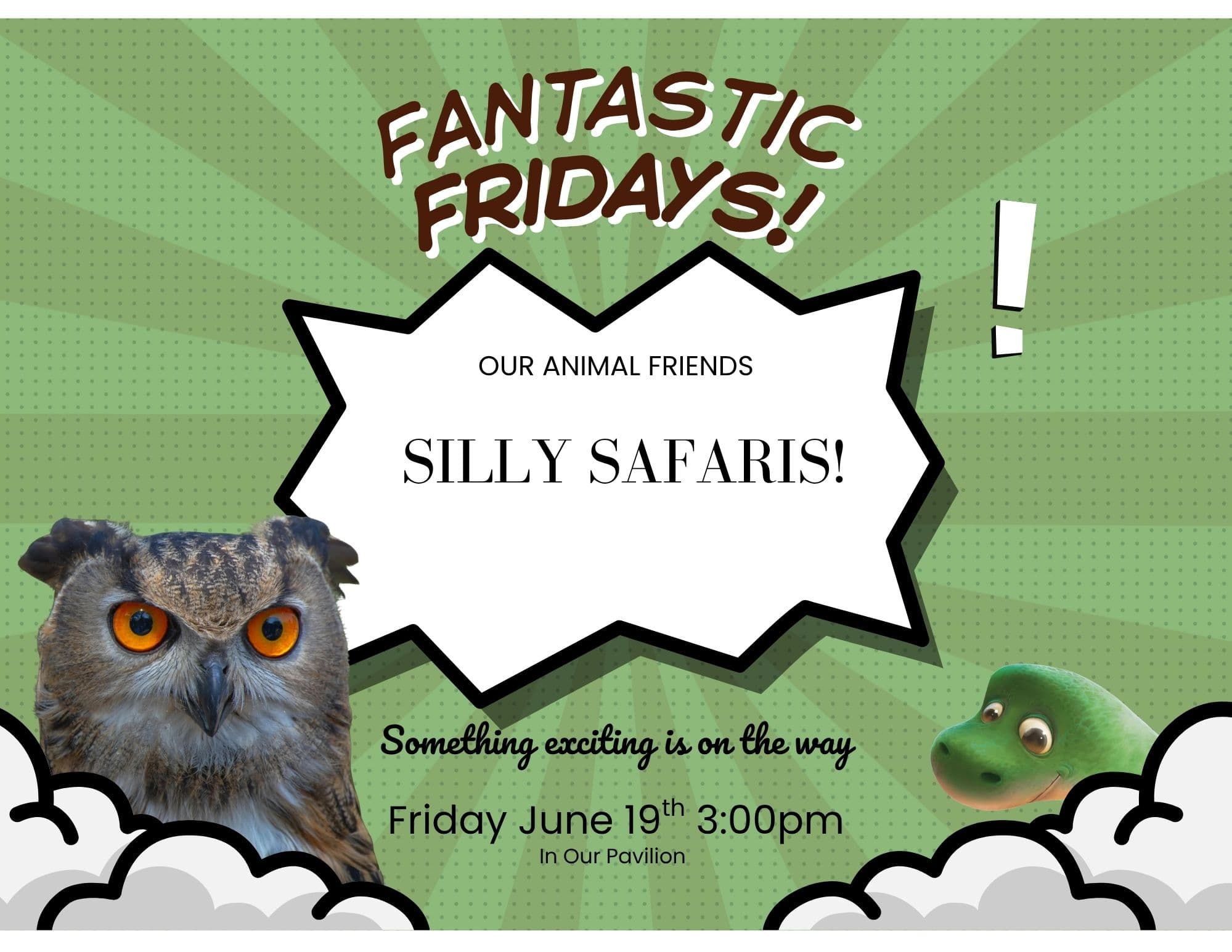 A flyer for Fantastic Friday program: Silly Safari. There is an owl. Friday June 19th, 3:00pm in the pavilion. 