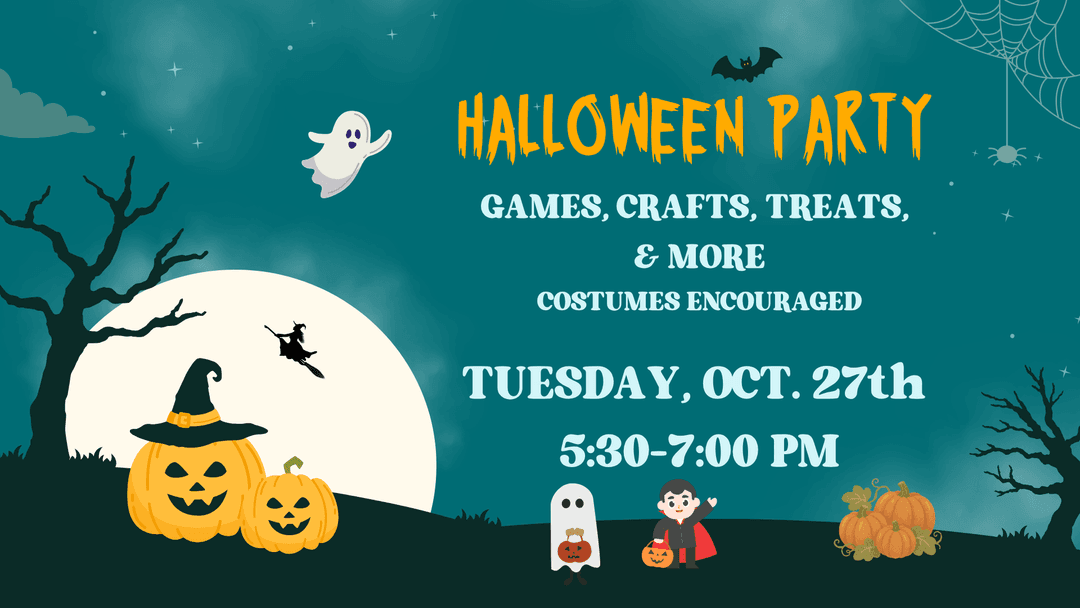 flyer with information about this event with drawings of jack-o-lanterns, and children in costumes