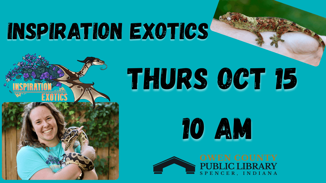 flyer with information about this event featuring a photo of a lizard and a photo of a woman holding a snake