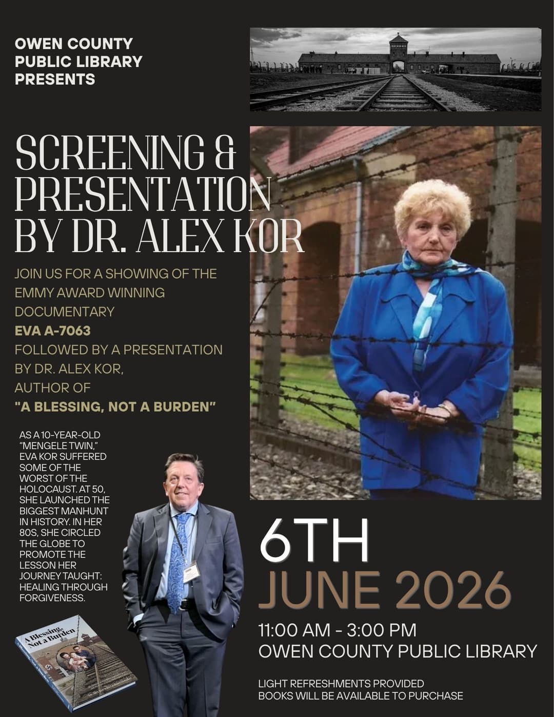 Event flyer for "A Powerful Afternoon" at Owen County Public Library on Saturday June 6, 2026 from 11:00 to 3:00. Features a film screening of EVA A-7063 by Ted Green Films and a presentation by Dr. Alex Kor on his book "A Blessing Not a Burden".