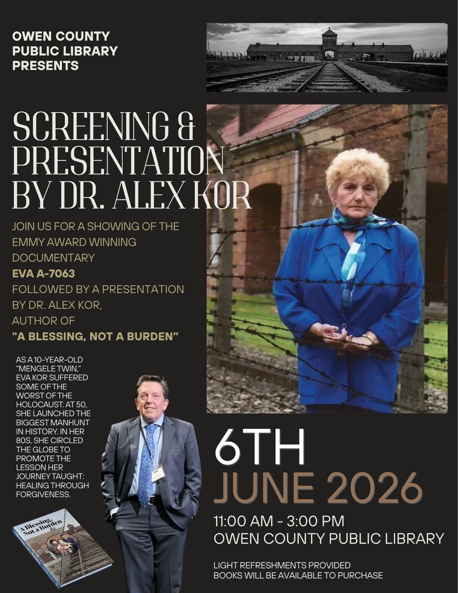 Event flyer for "A Powerful Afternoon" at Owen County Public Library on Saturday June 6, 2026 from 11:00 to 3:00. Features a film screening of EVA A-7063 by Ted Green Films and a presentation by Dr. Alex Kor on his book "A Blessing Not a Burden".