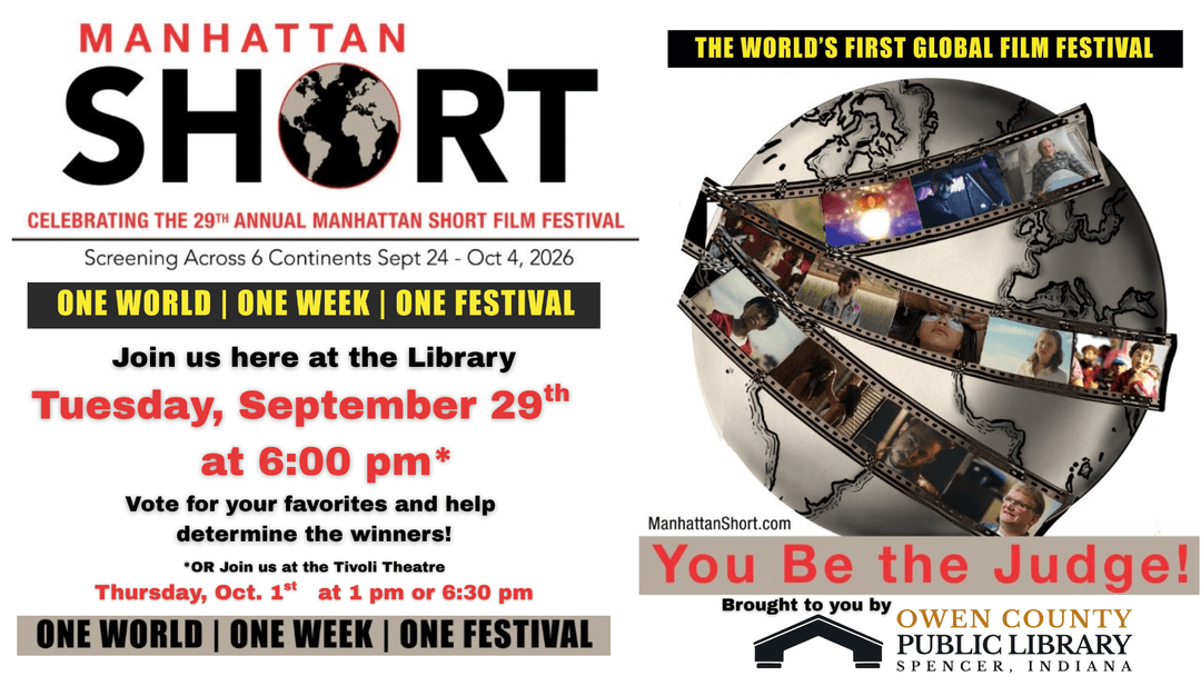 flyer showing information about the event with a photo of a globe crisscrossed by film strips featuring stills from this year's finalists