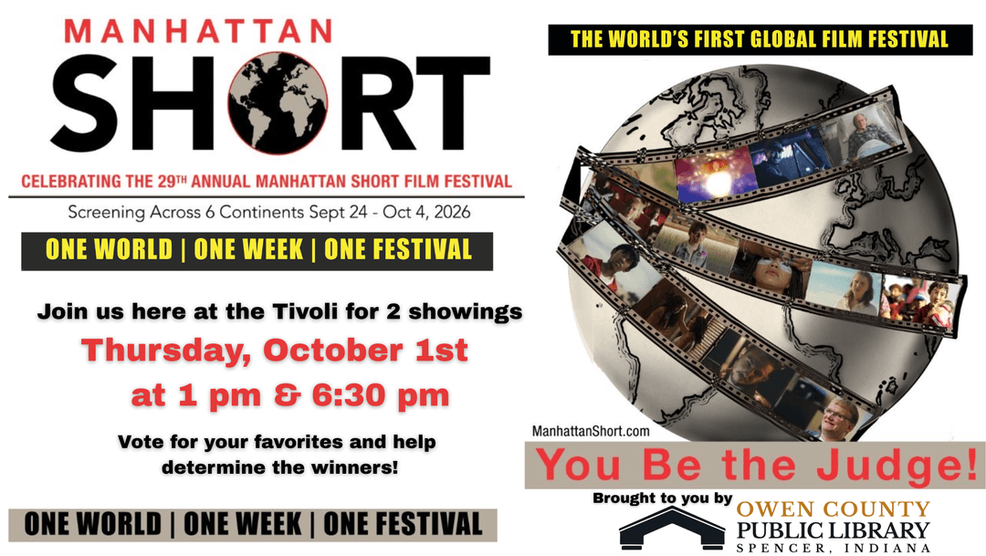 flyer showing information about the event with a photo of a globe crisscrossed by film strips featuring stills from this year's finalists