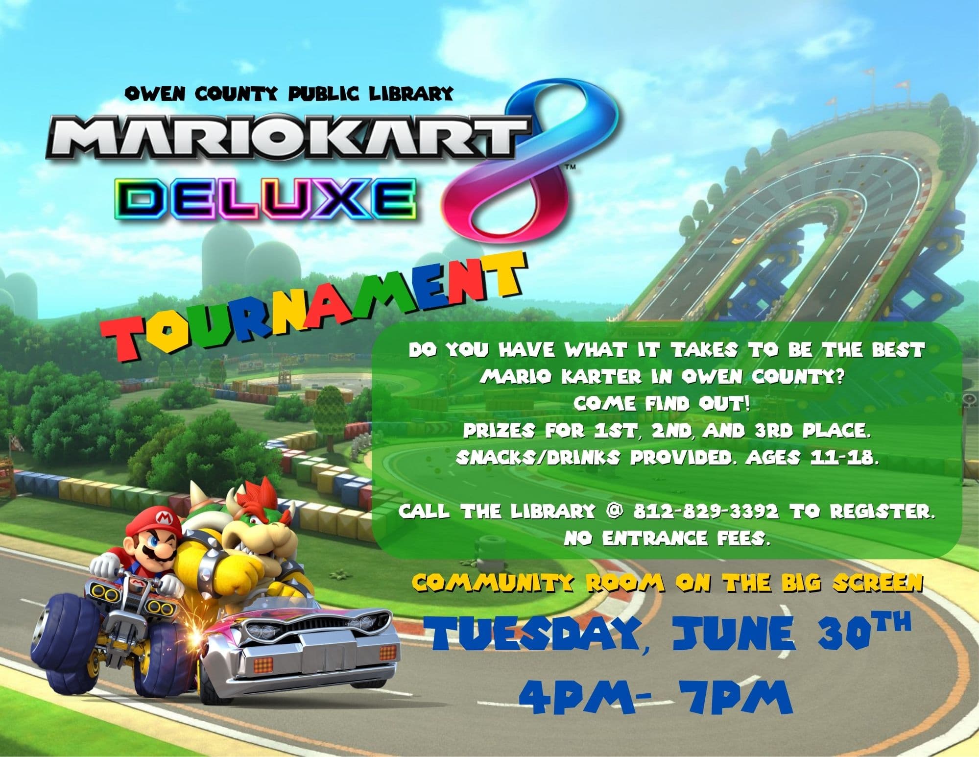 A colorful flyer showing a scene from the game Mario Kart. 