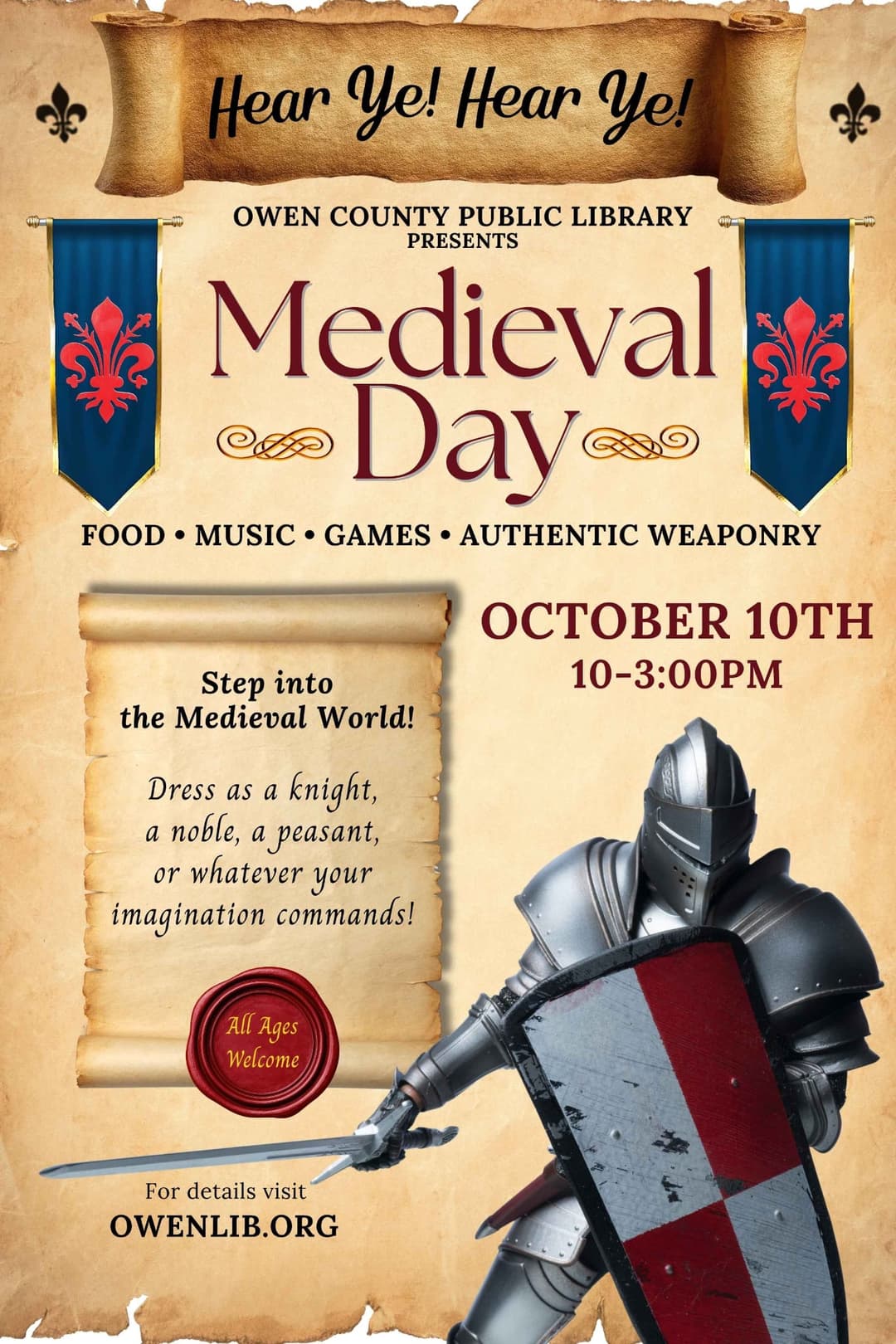 flyer with information about this event featuring an image of a knight in armor with a sword and shield