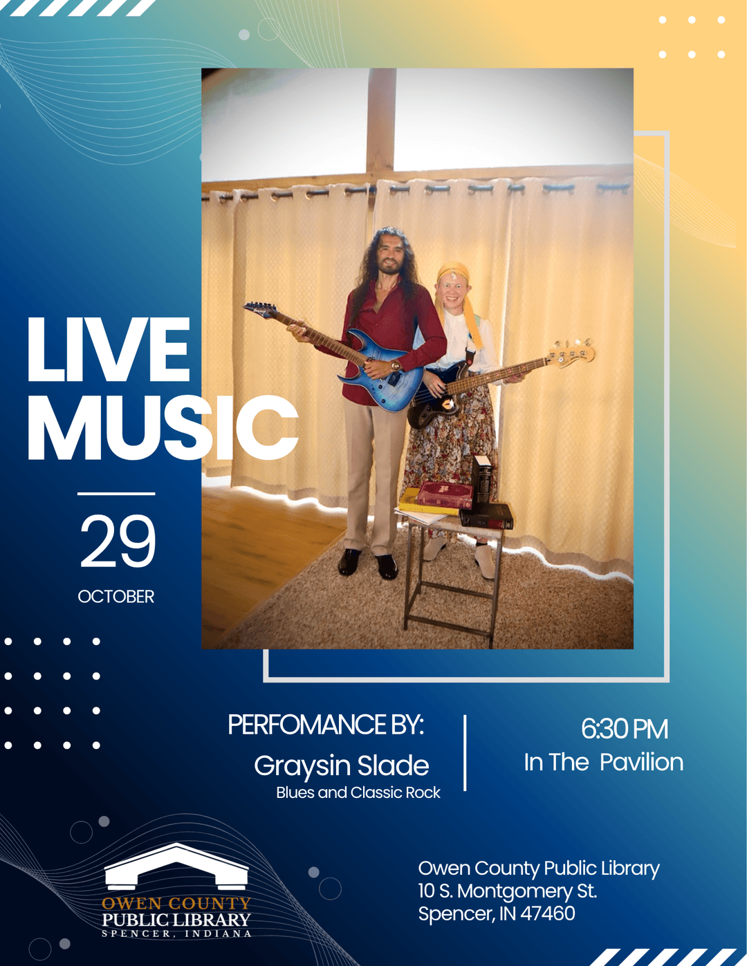flyer with information about this event featuring a photo of a man and woman holding guitars