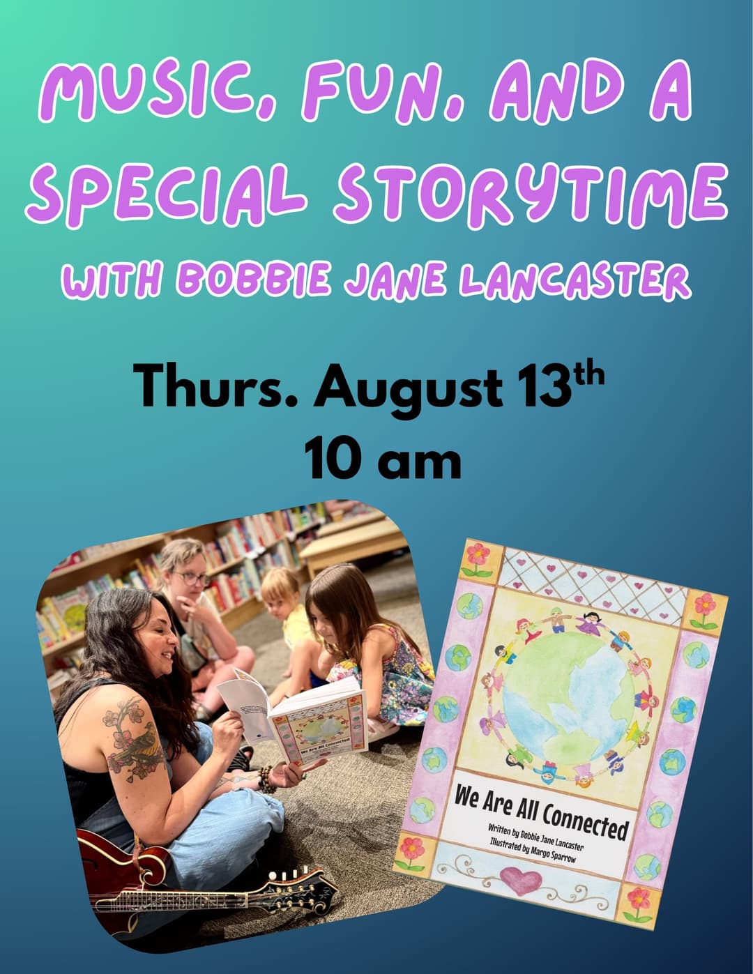 a flyer for a special Storytime with Bobbie Lancaster