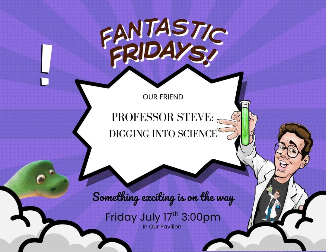 flyer of a man dressed as a scientist holding a beaker. Professor Steve’s Digging into Science Show