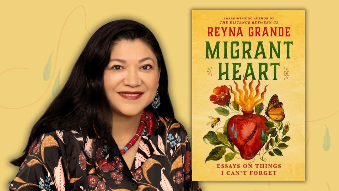A flyer with author Reyna Grande and her book Migrant Heart