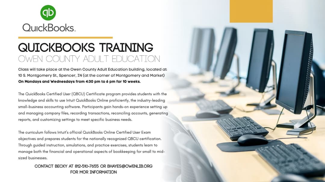 A flyer showing info about the adult education quickBooks class. There is an image of computers. 