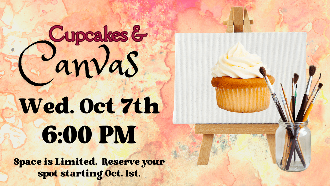 image shows a picture of a cupcake on a canvas supported by an easel. 