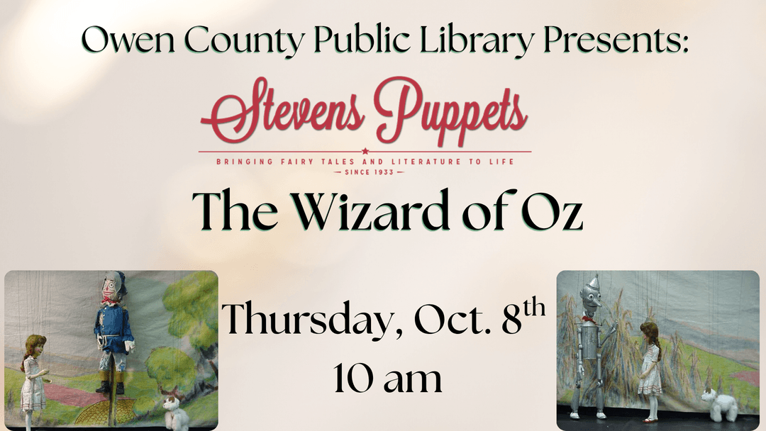 flyer showing information about this program with two images of marionette characters from the Wizard of Oz by Stevens Puppets