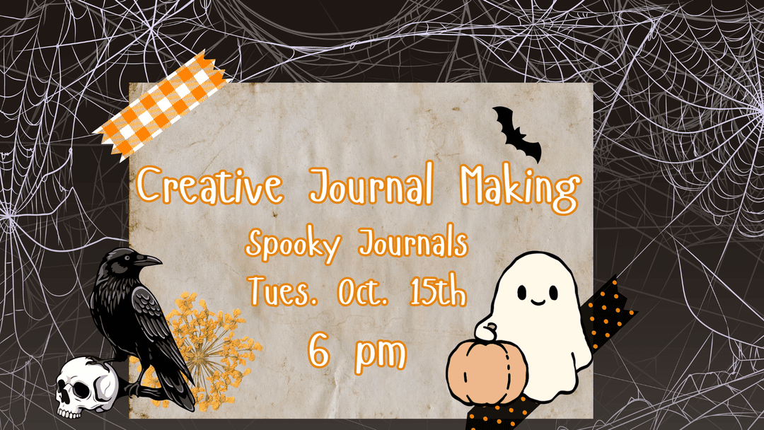 flyer with information about this event featuring images of spider webs, bat, raven with skull, and cartoon ghost with pumpkin