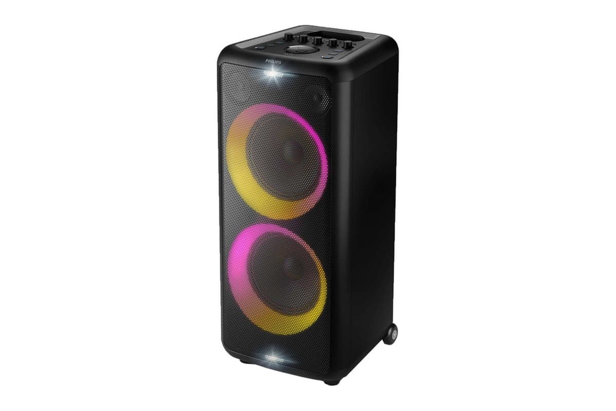 Black Philips tower speaker with glowing pink and yellow light rings