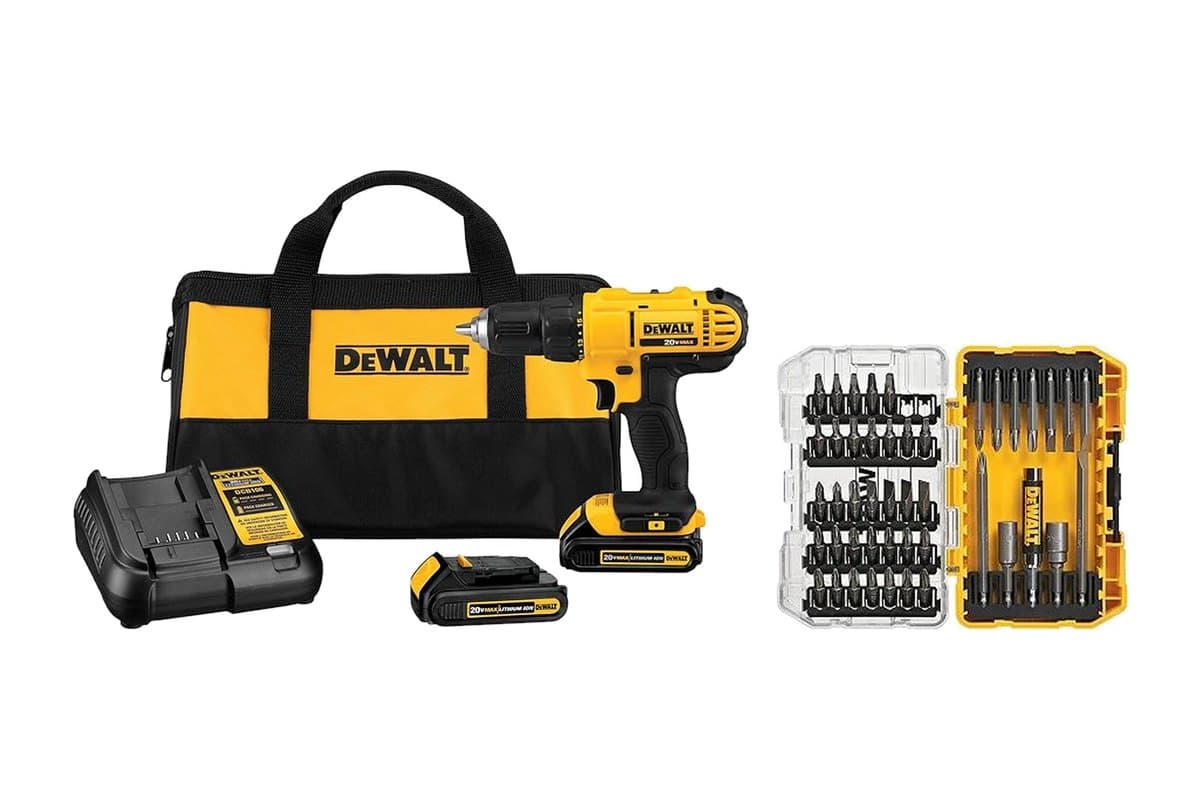 DeWalt 20V cordless drill kit with batteries, a charger, and a tool bag, next to a DeWalt screwdriver bit set