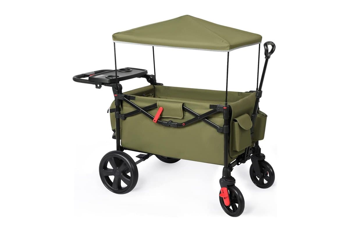 Olive green folding wagon with a sun canopy, a tray, and large wheels