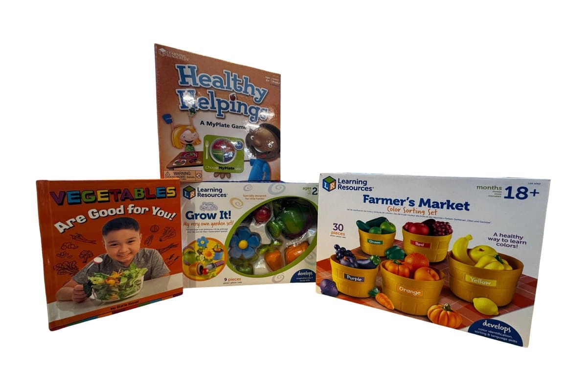Food and nutrition learning kit: the Healthy Helpings MyPlate game, a Grow It! garden playset, a Farmer's Market color sorting set, and the book Vegetables Are Good for You!