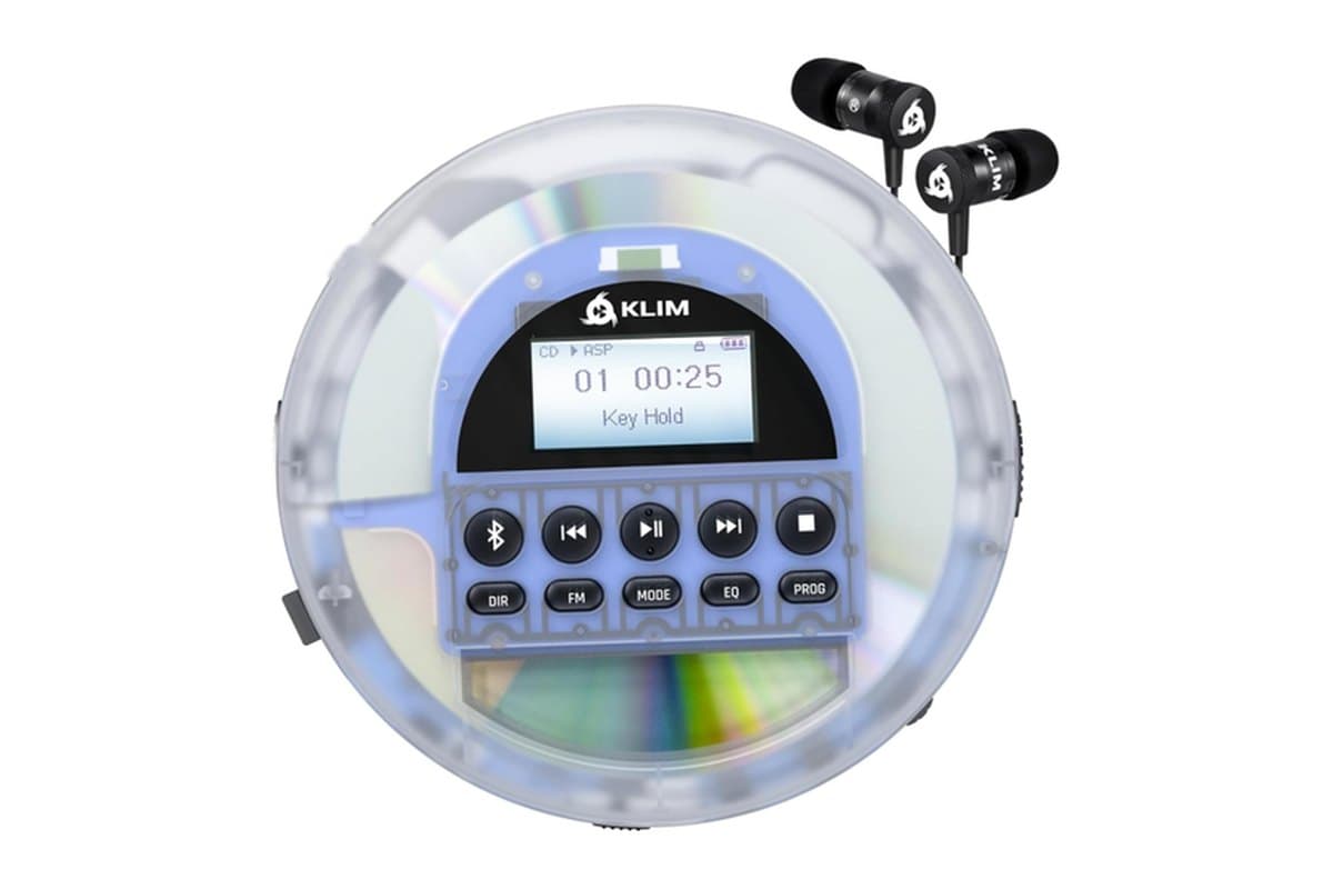 Clear KLIM portable CD player with blue controls and black earbuds