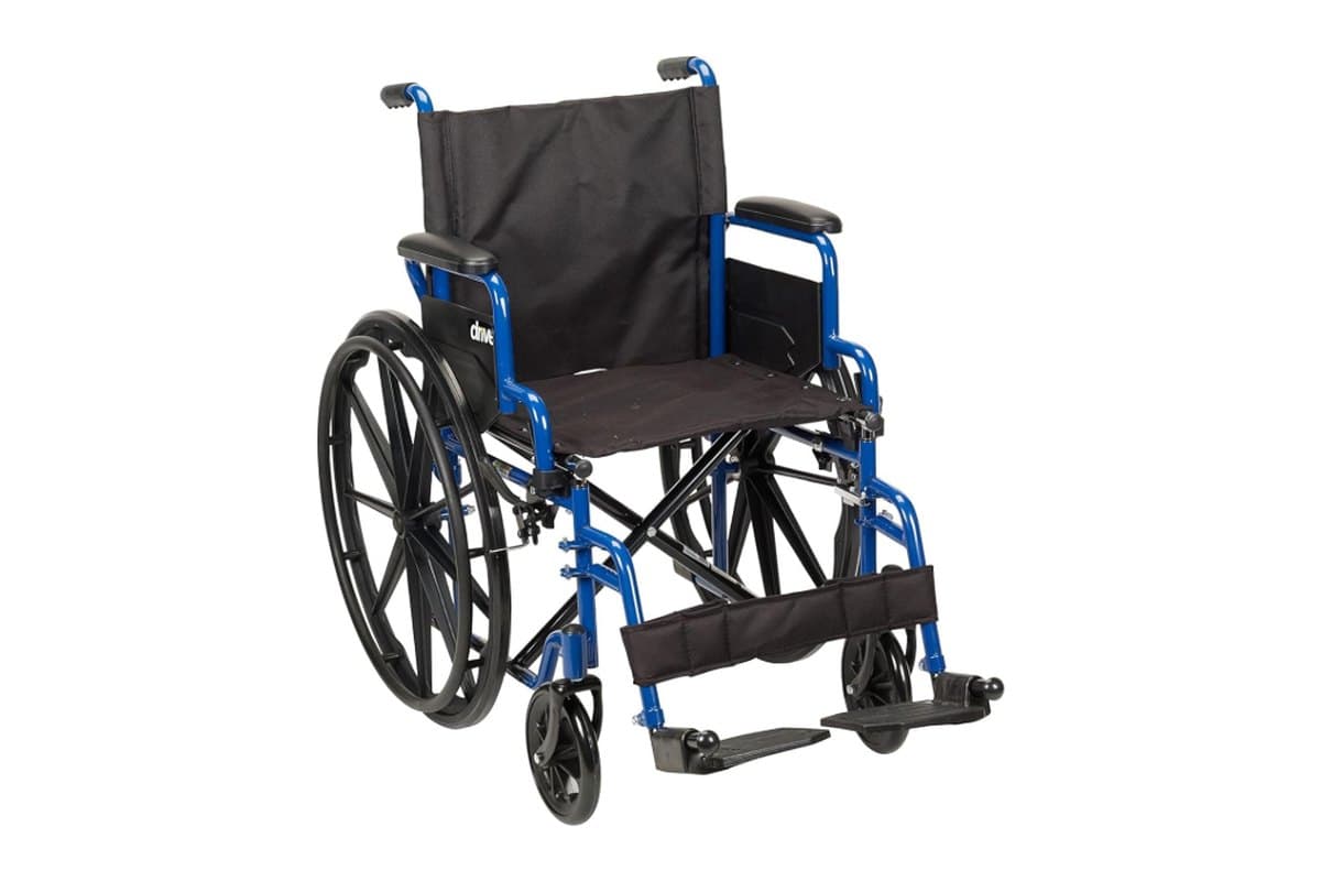 Folding wheelchair with a blue frame, black seat, and footrests