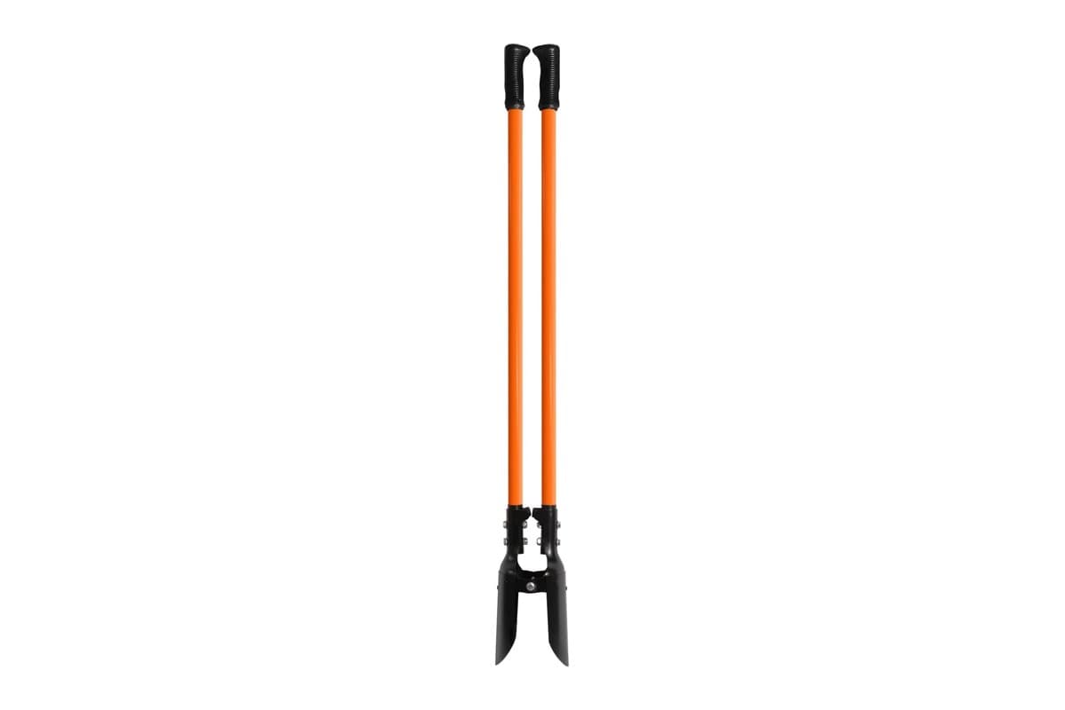 Post hole digger with long orange handles and two steel blades