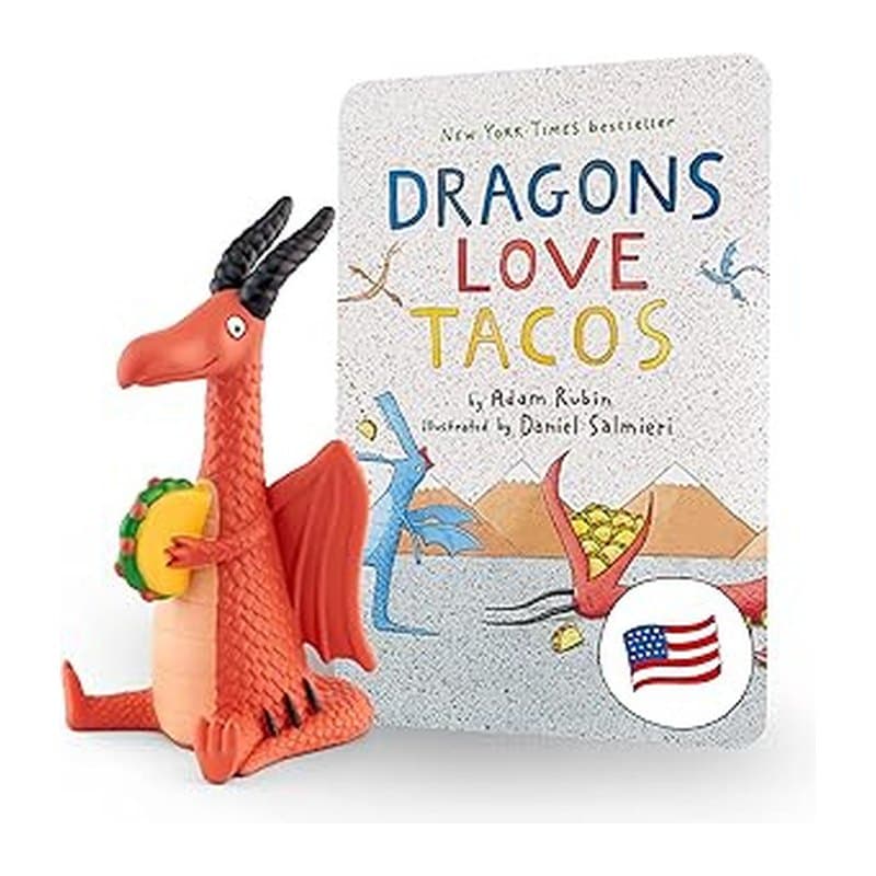 Red dragon Tonie figure holding a taco, with its Dragons Love Tacos card